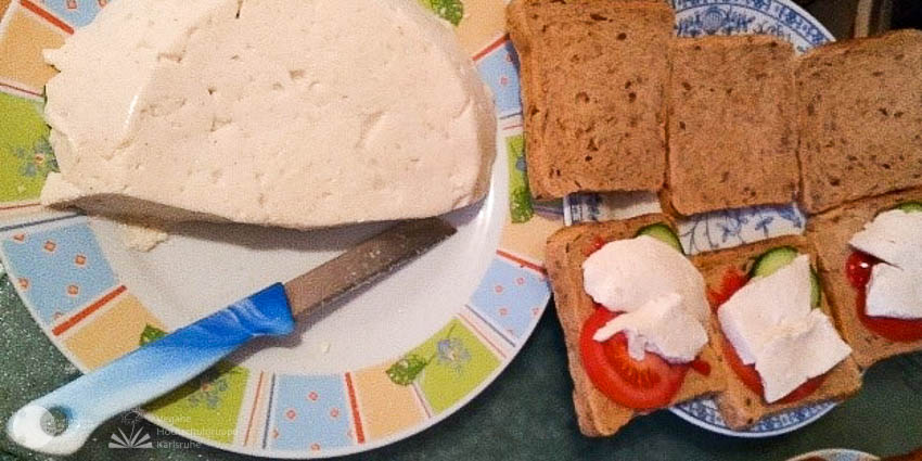 Ein halber Laib veganer Mozzarella liegt neben dem Schneidemesser auf einem Teller mit buntem Rand. Auf einem weiteren Teller rechts daneben liegen sechs Brotscheiben, von denen drei mit Tomatenscheiben, Gurkenscheiben und veganem Mozzarella belegt sind.